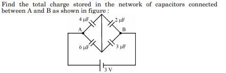 Find the total charge stored in the network of capacitors connected